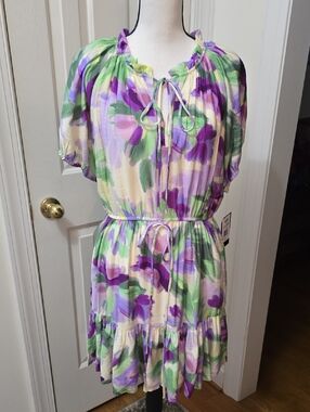 MAISON TARA BRAND WOMEN'S PURPLE AND GREEN FLORAL LINED SUMMER DRESS SIZE 10